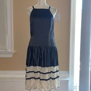 Chambray spaghetti strap dress with ivory crochet bottom. EUC. Only worn twice.